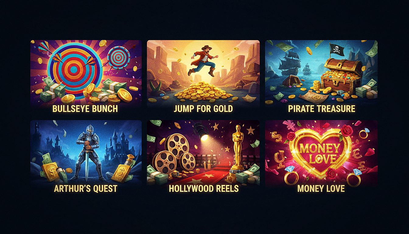Catalogue de jeux Goldbet Casino : Bullseye Bunch, Jump For Gold, Pirate Treasure, Hollywood Reels, Arthur's Quest, Money Love