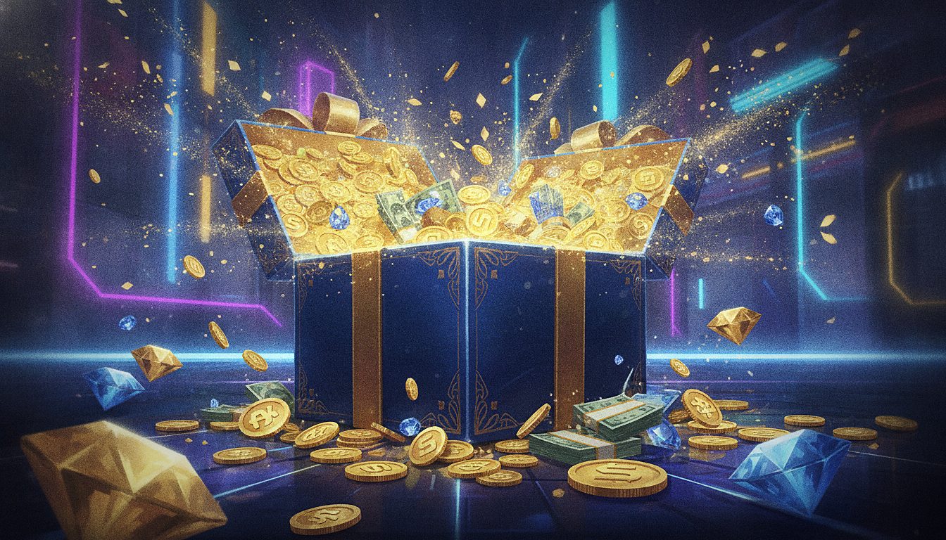 gift box overflowing with coins and sparkles, bonus theme