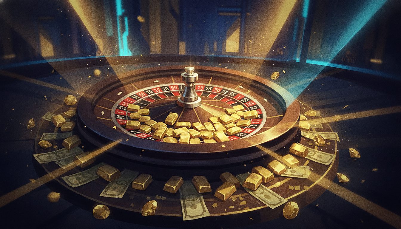 roulette wheel with gold chips, dramatic casino lighting