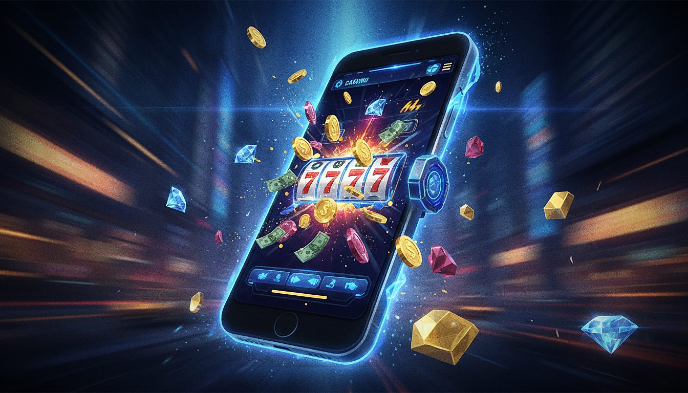 smartphone glowing with a casino game screen, on-the-go theme