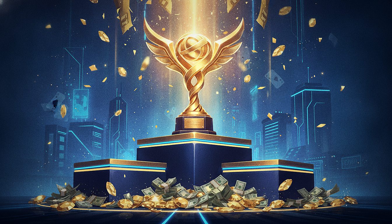 golden trophy on a podium with confetti, tournament theme